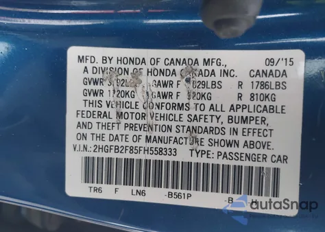 2015 Honda Civic Ex z USA, uszkodzony, nr VIN 2HGFB2F85FH558333